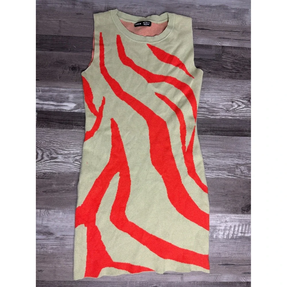 SHEIN Womens Sage Green Orange Zebra Print Knit Sleeveless Sweater Mini Dress S - Picture 3 of 3